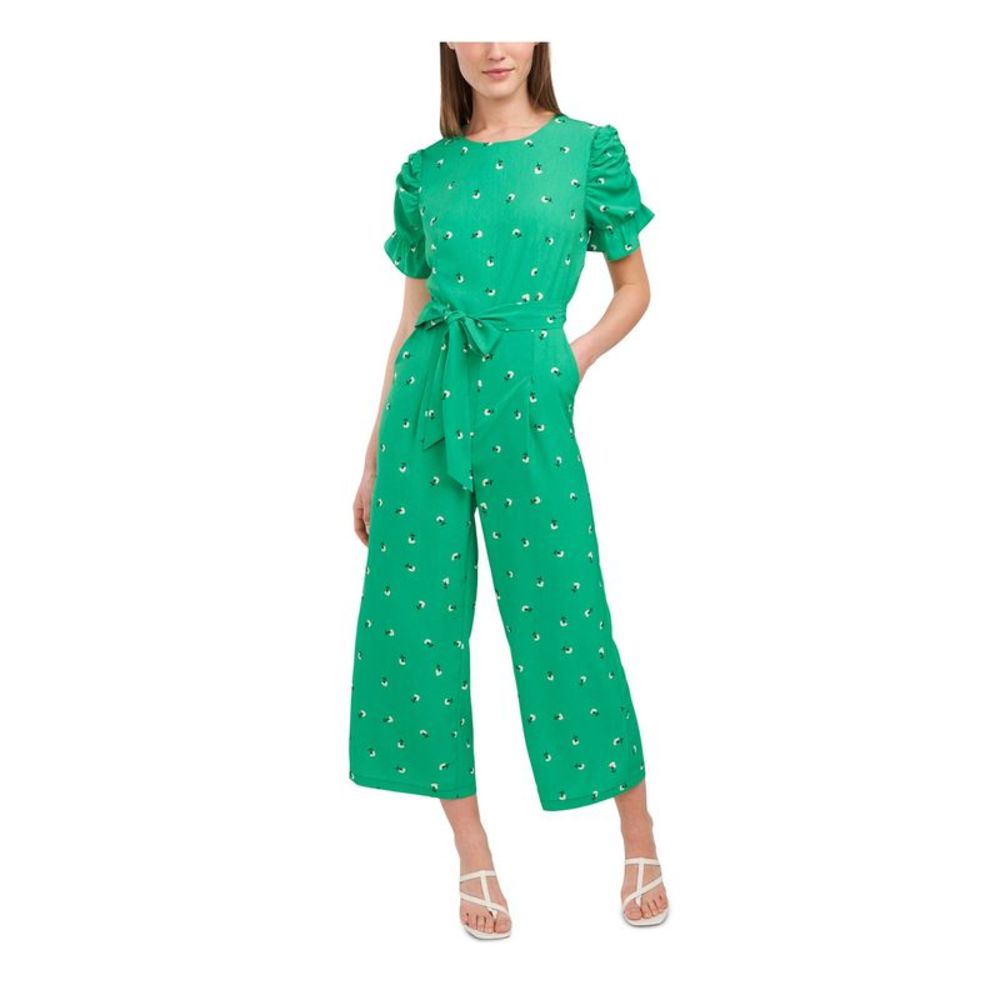 RILEY&RAE Womens Green Ruffled Crew Neck Wide Leg Jumpsuit 12